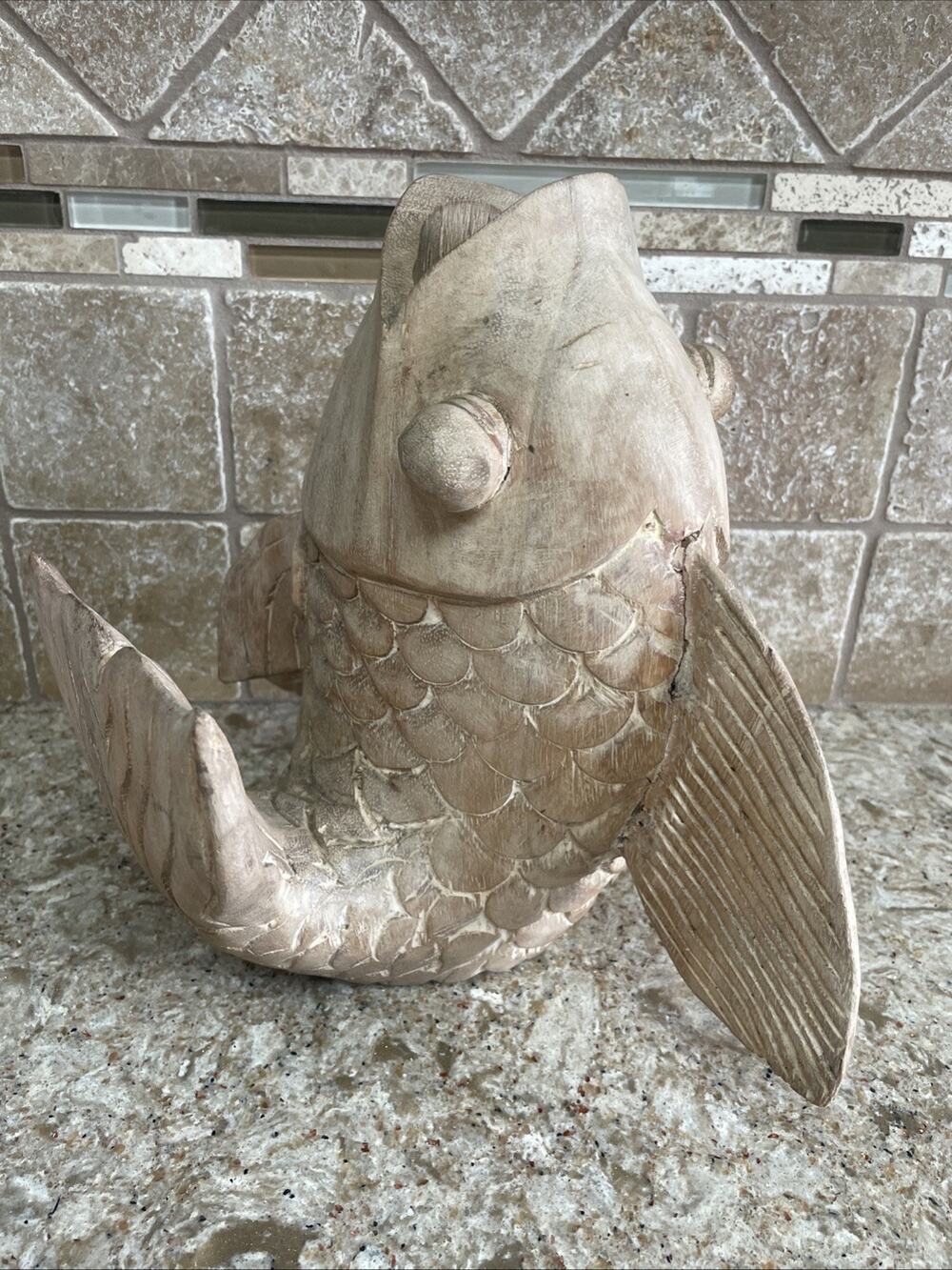Large 10” Sitting Folk Hand Carved Whitewash Wooden Fish Decor Beach Lake